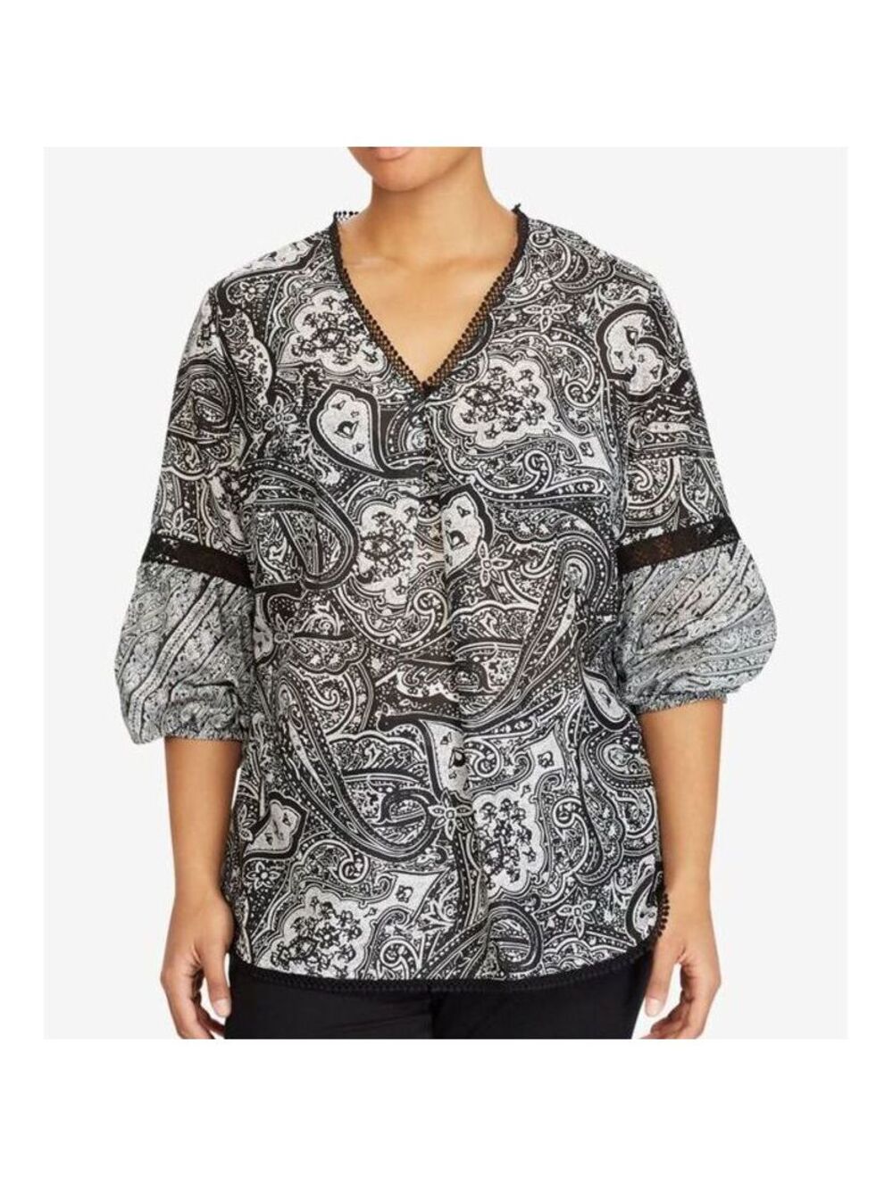 Lauren Ralph Lauren Large Petite $89 Black White Paisley Print 3/4 Sleeve Blouse